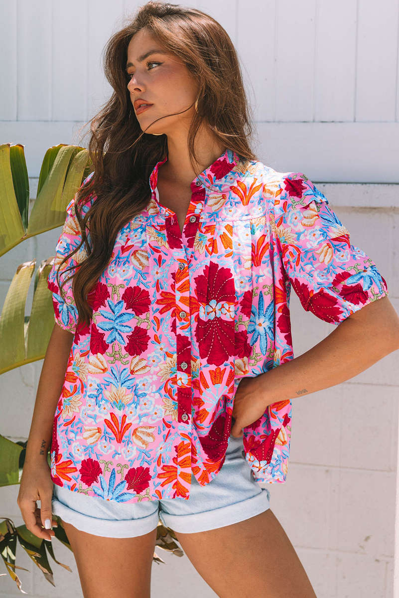 Pink Floral Print Bubble Sleeve Button Up Pleated Shirt