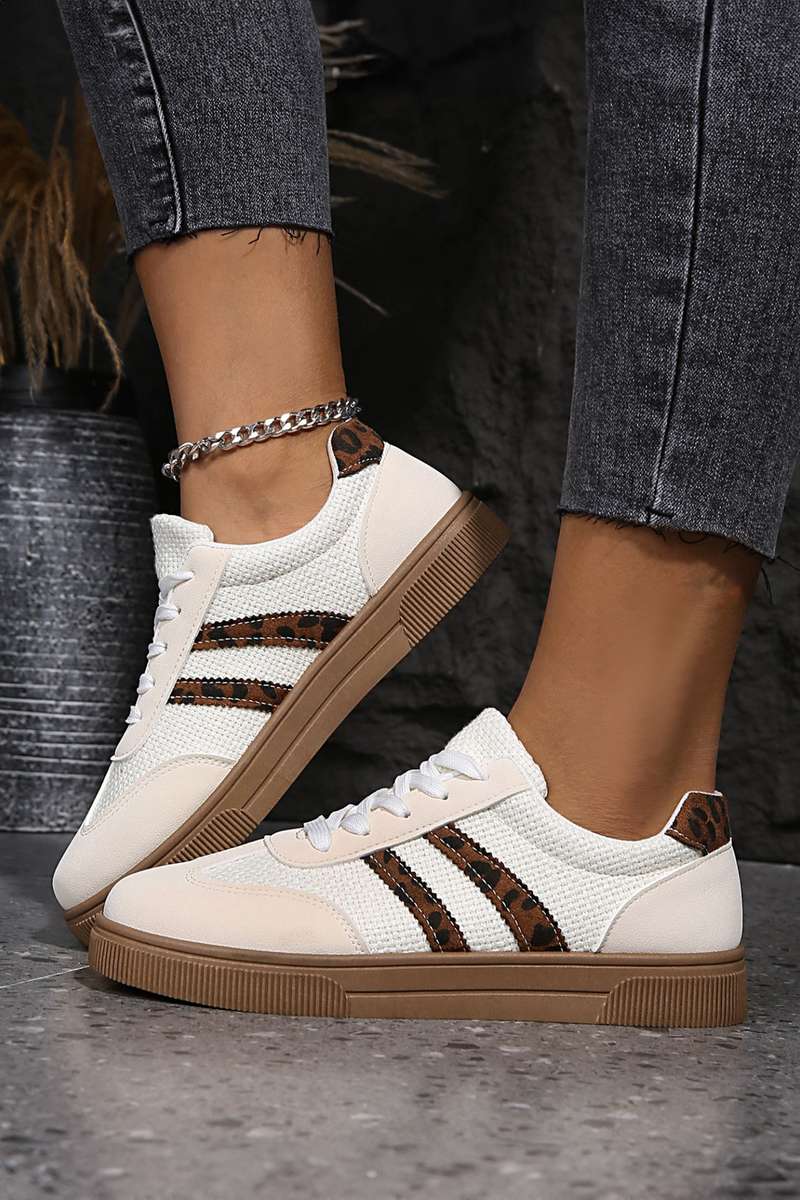 White Textured Woven PU Leather Leopard Patchwork Flat Sneakers