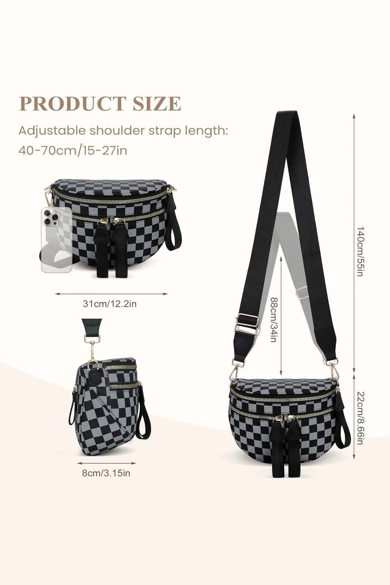 Dirty blue Checkered Print Multi Pocket Zipped Canvas Crossbody Bag