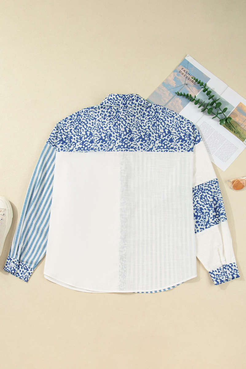 Sky Blue Leopard Striped Patchwork Casual Plus Shirt
