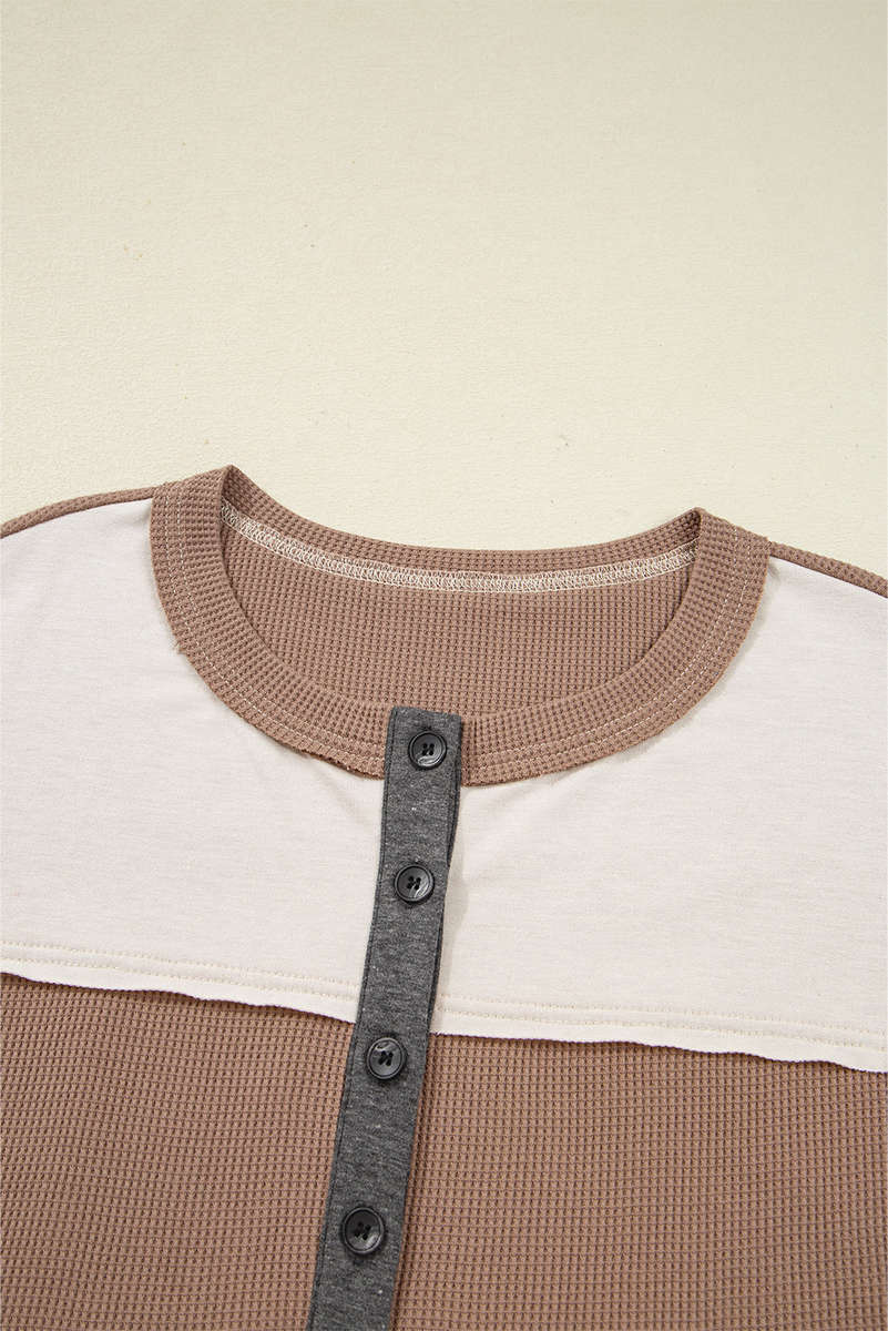 Jet Stream Color Block Waffled Patchwork Loose Henley Top