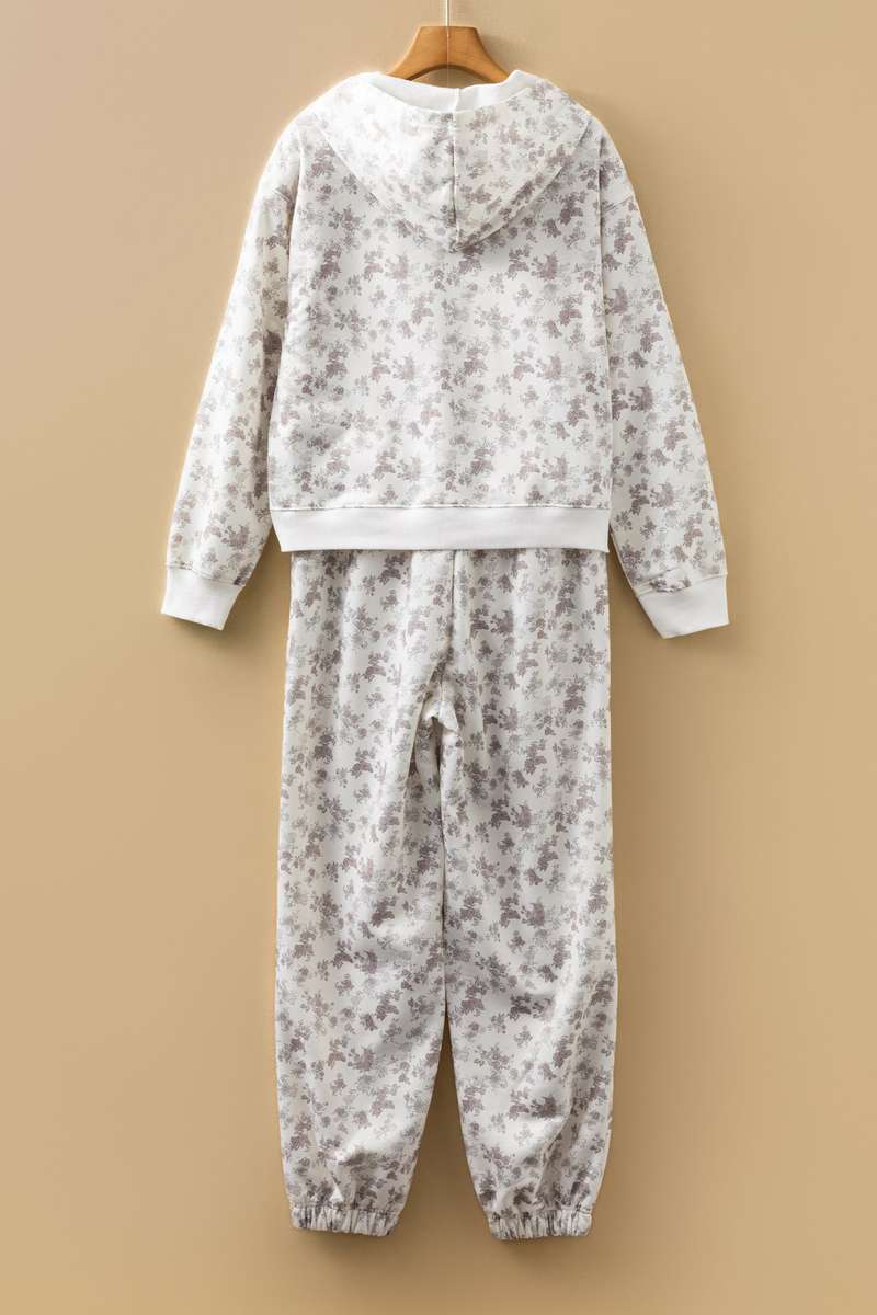 White Floral Print Casual Hoodie Drawstring Jogger Pant Set