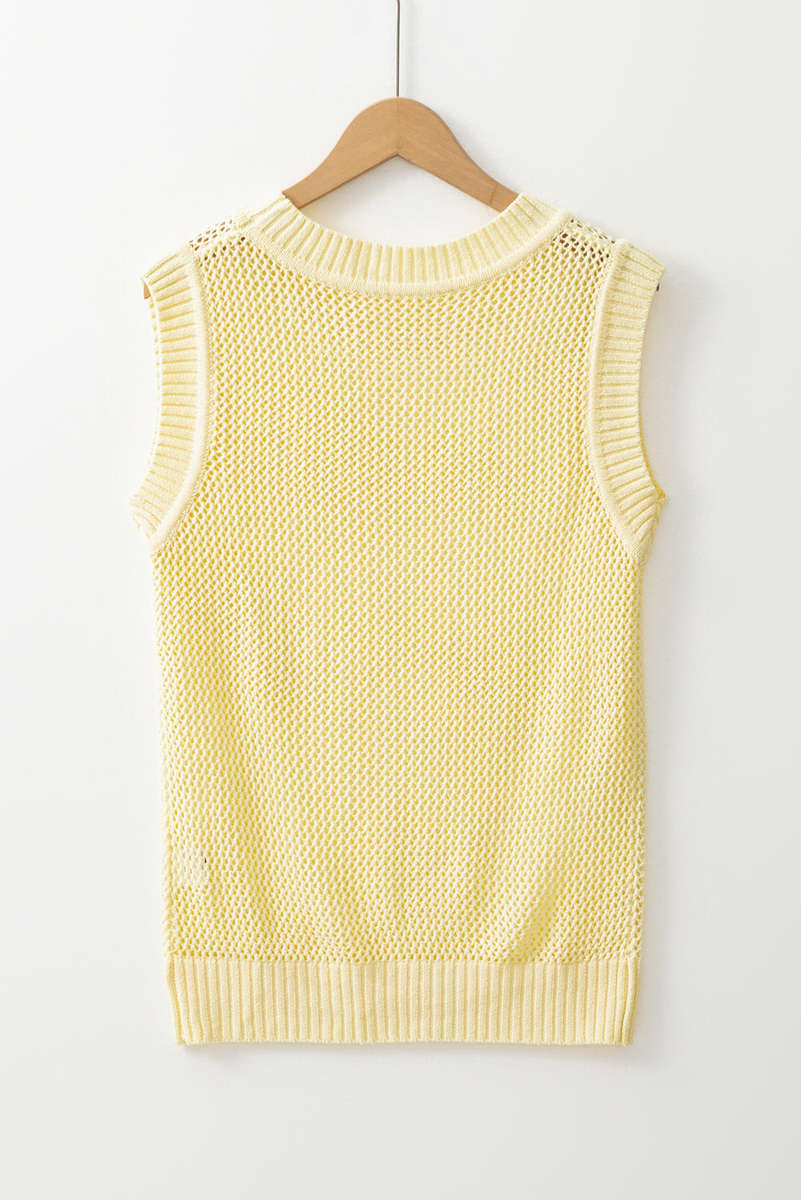 Yellow Solid Color Hollowed Knit Round Neck Sweater Vest