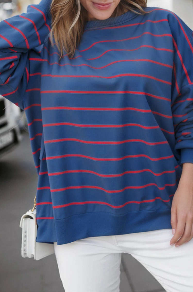 Blue Stripe Stylish Overlap Detail Drop Shoulder Pullover Sweatshirt