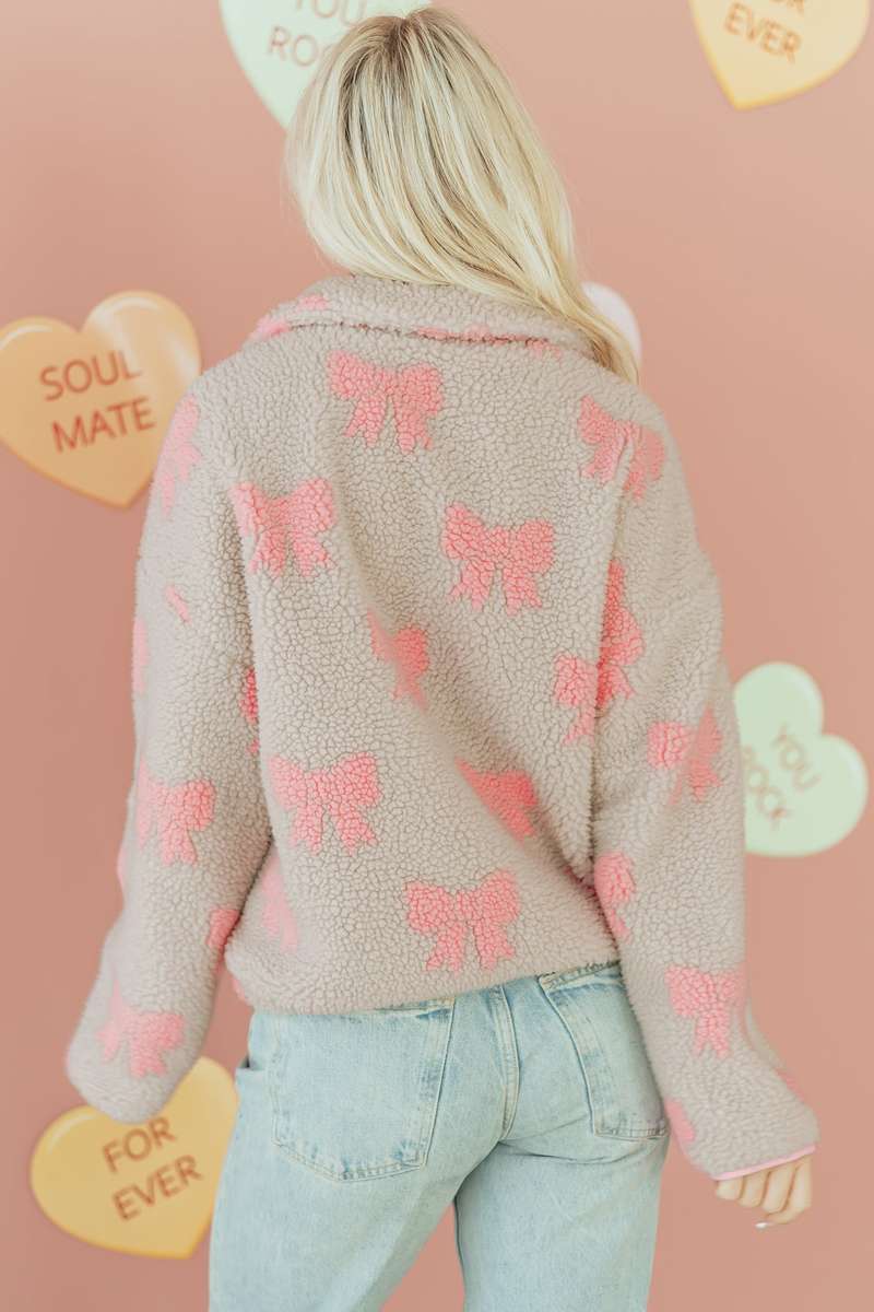 Gray Bow Sherpa Quarter Zip Drop Shoulder Baggy Sweatshirt