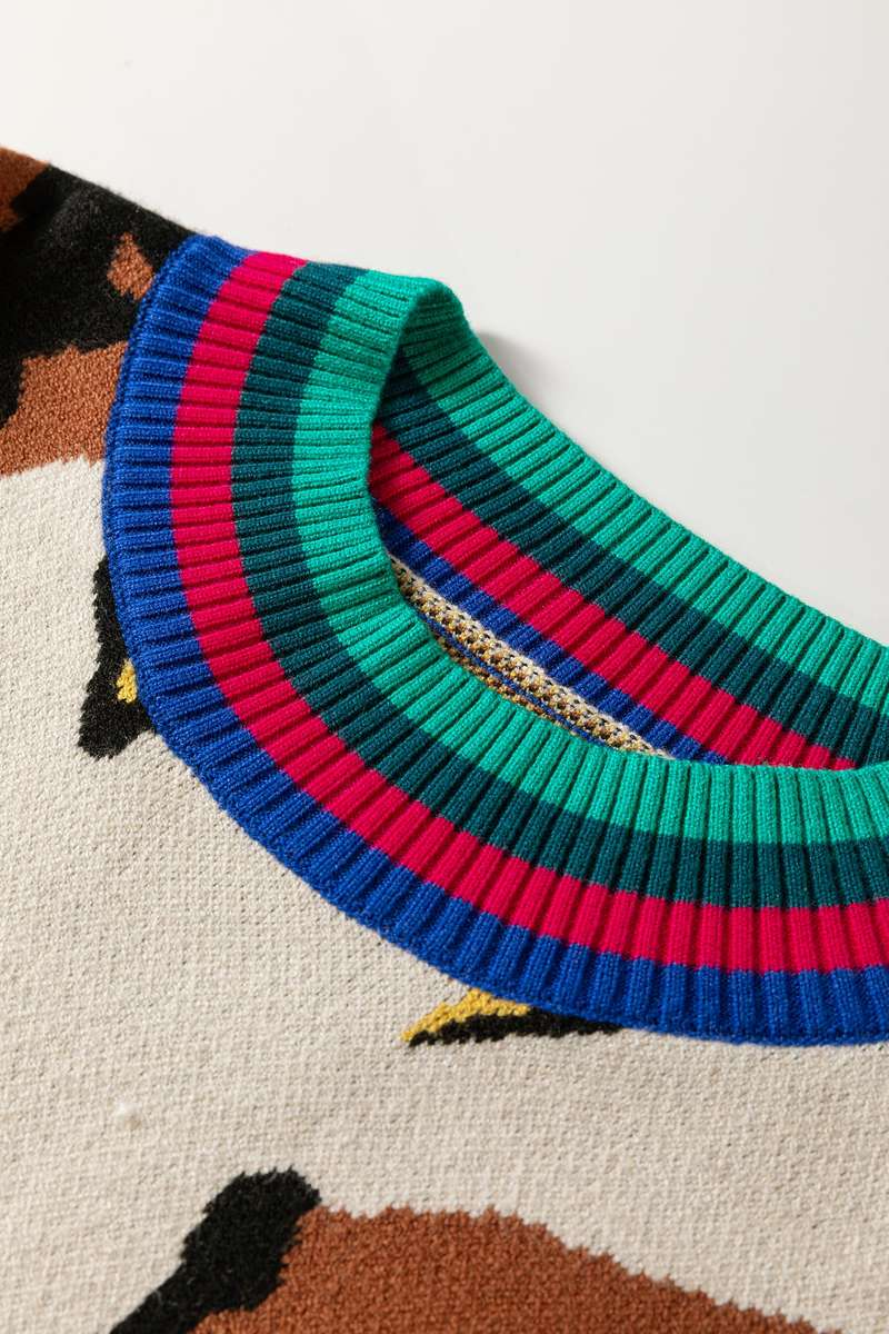 Apricot Contrast Ribbed Stripes Detail Animal Pattern Knit Sweater