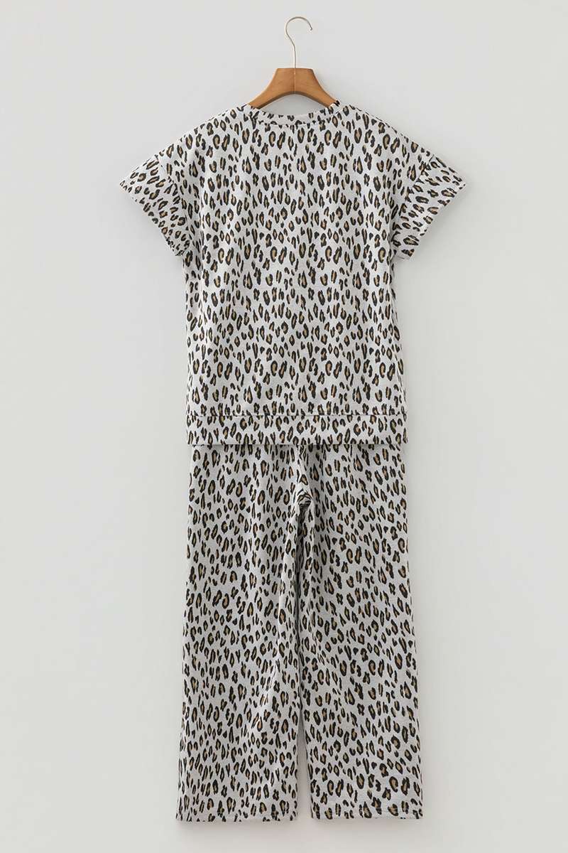Beige Leopard Print Casual Tee and Pants 2pcs Outfit