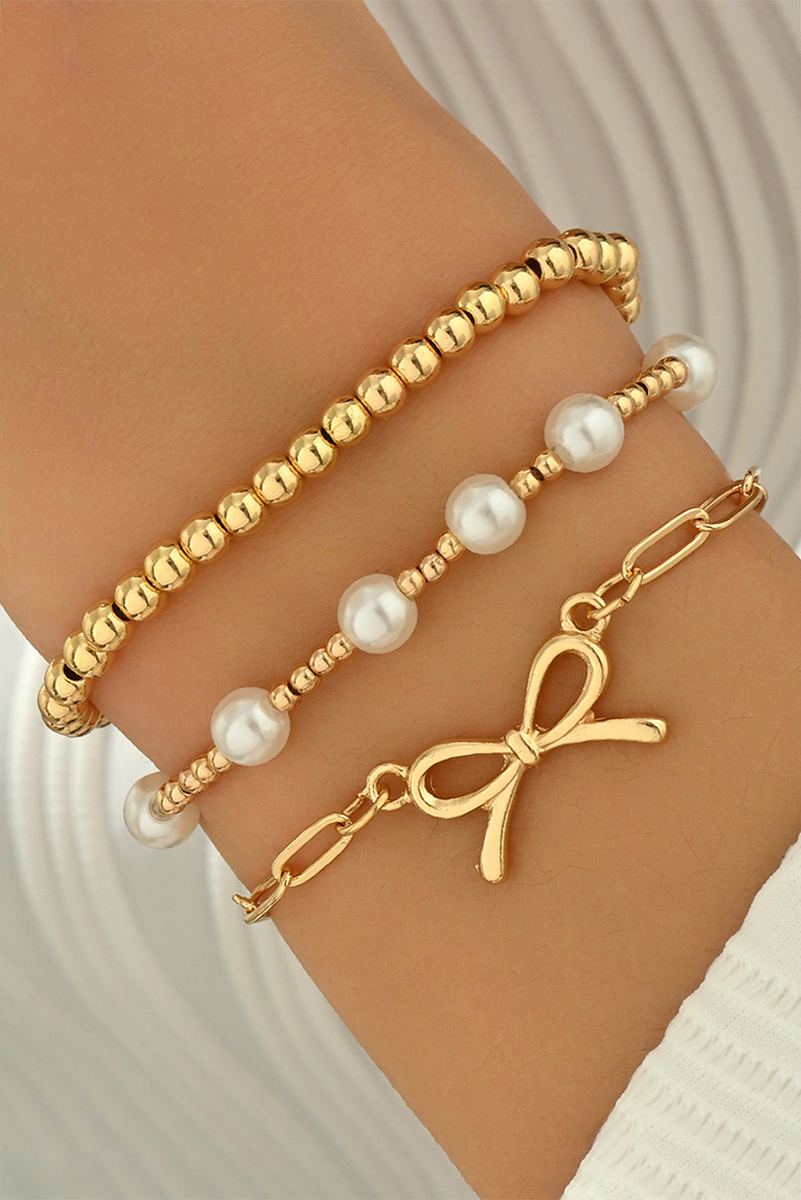 Gold Bow Chain Link Pearl Beaded Multi Layer Bracelet