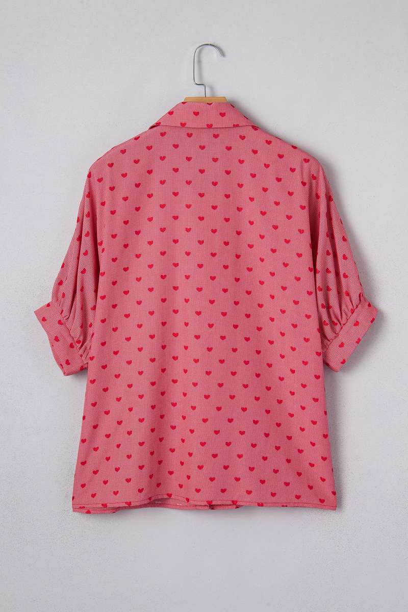 Red Heart Shape Print Half Sleeve Loose Valentine Shirt