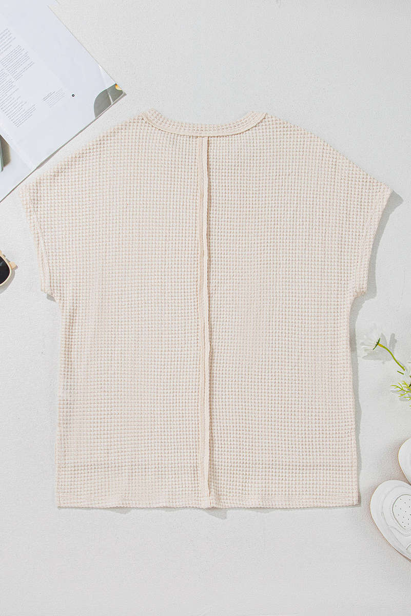 Pale Khaki Solid Color Textured Seamed Short Sleeve Top