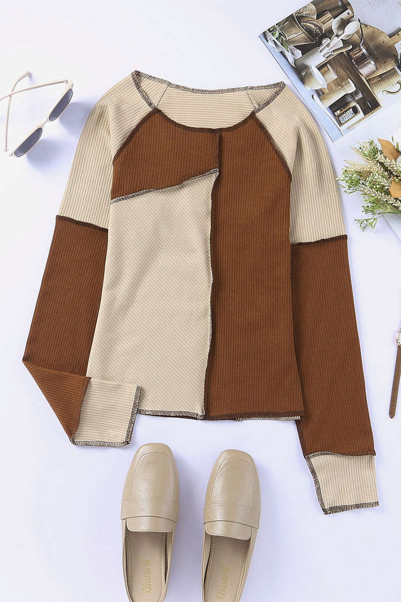 Brown Irregular Color Block Seaming Trim Rib Knit Top