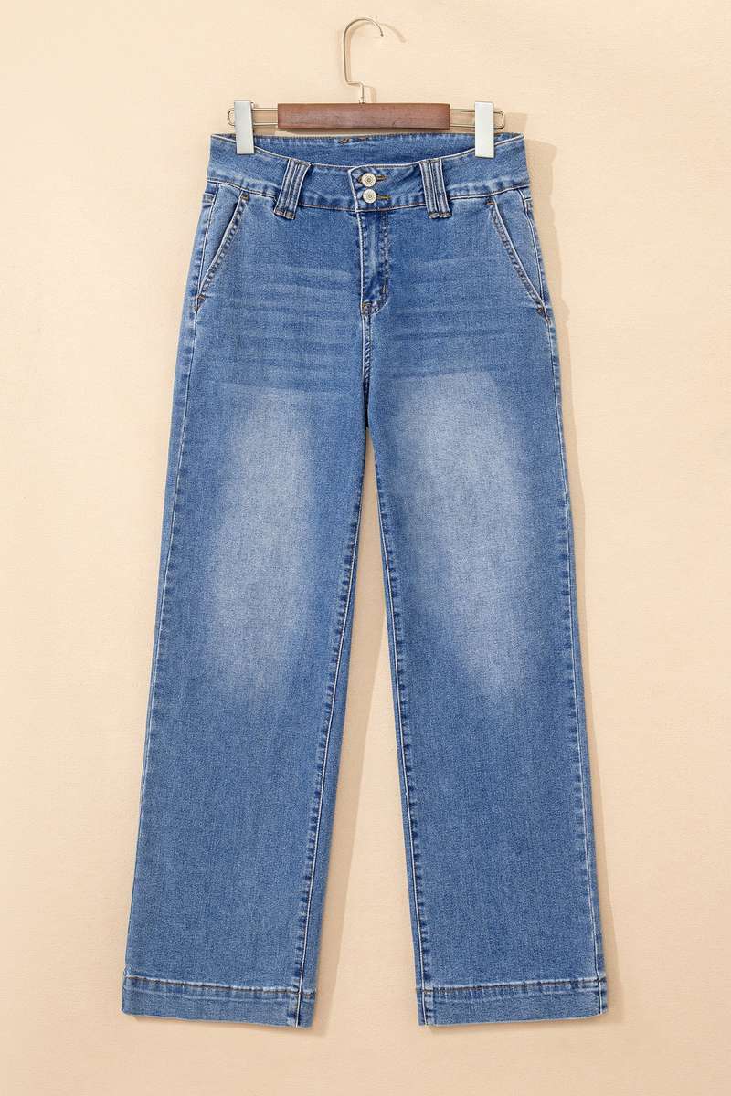 Sky Blue Double Button Zip Fly Straight Leg Jeans