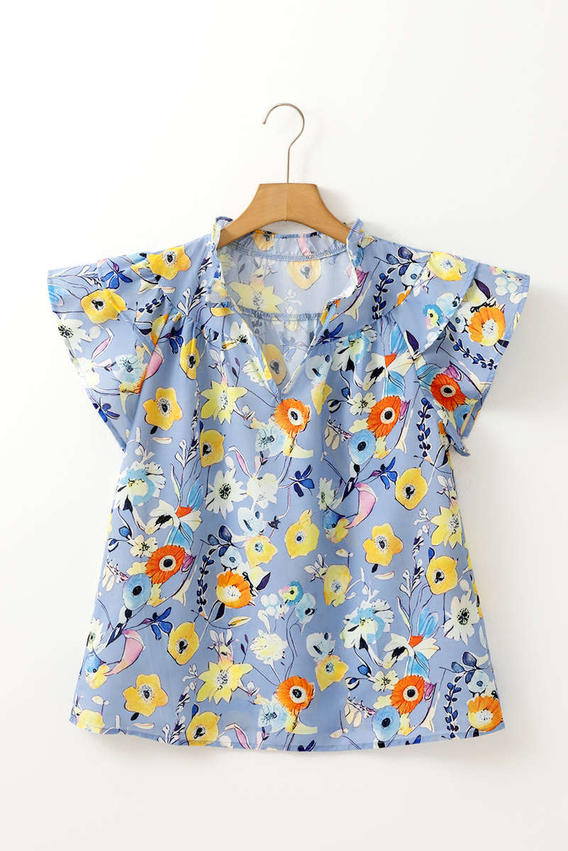 Sky Blue Flutter Sleeve V Neck Floral Top