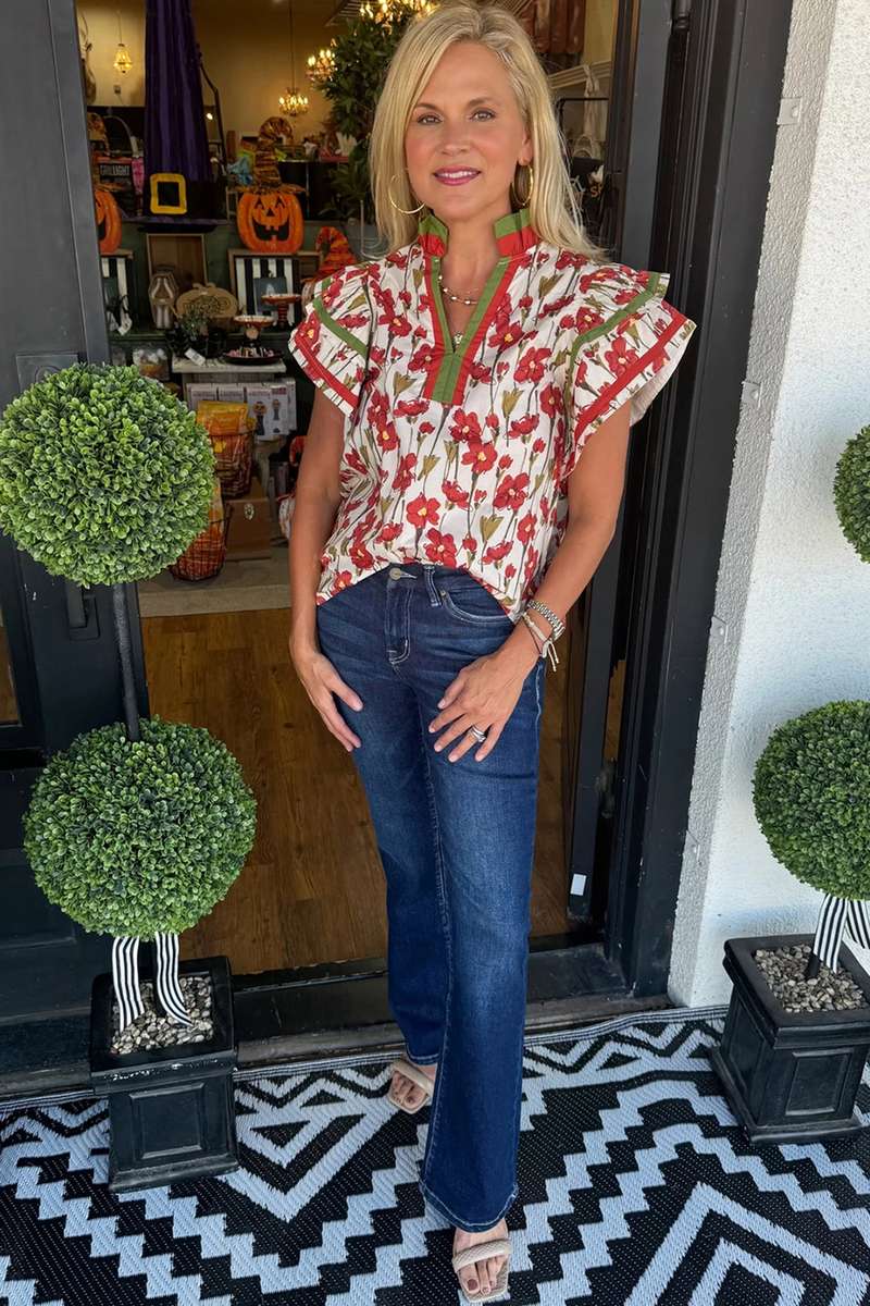 Red Floral Print Contrast Trim V Neck Double Ruffled Short Sleeve Blouse
