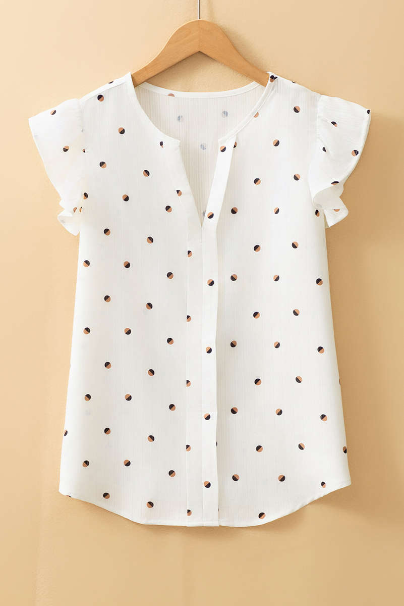 White Polka Dot Print Ruffled Shoulder V Neck Tank Top