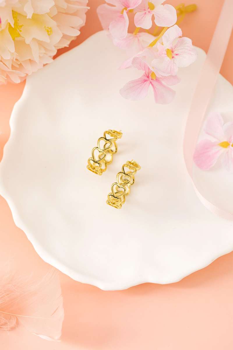 Gold Plated Heart Link Hoop Stud Earrings