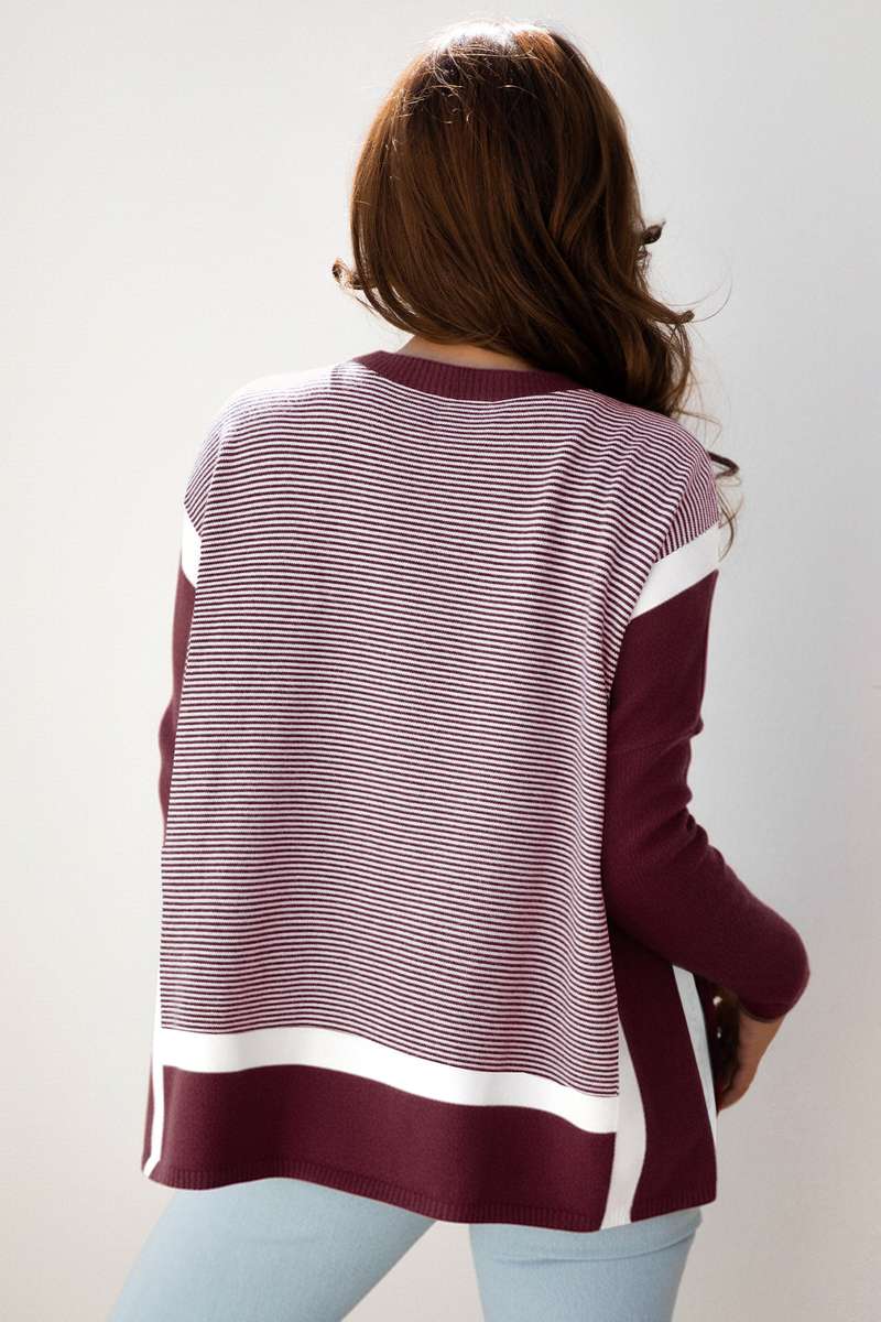Red Stripe Color Block Patchwork Dolman Oversize Tunic Sweater