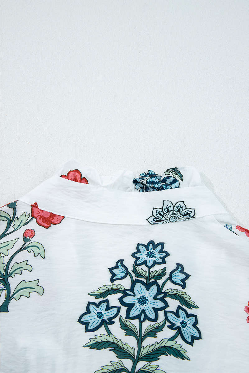 White Floral Print Frilled Collar V Neck Button Down Long Sleeve Shirt