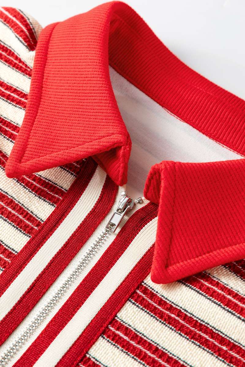Racing Red Striped Print Contrast Collar Zip V Neck Long Sleeve Top