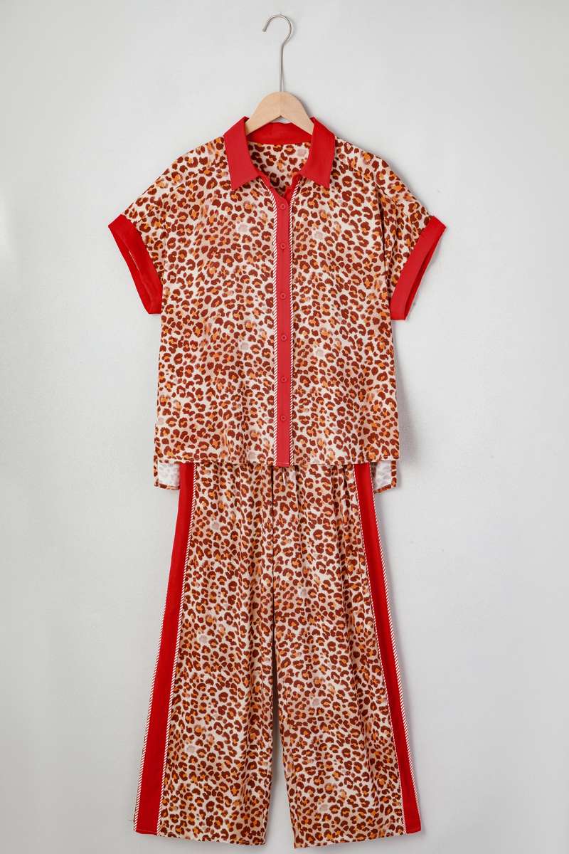 Brown Contrast Trim Leopard Top and Pant Set