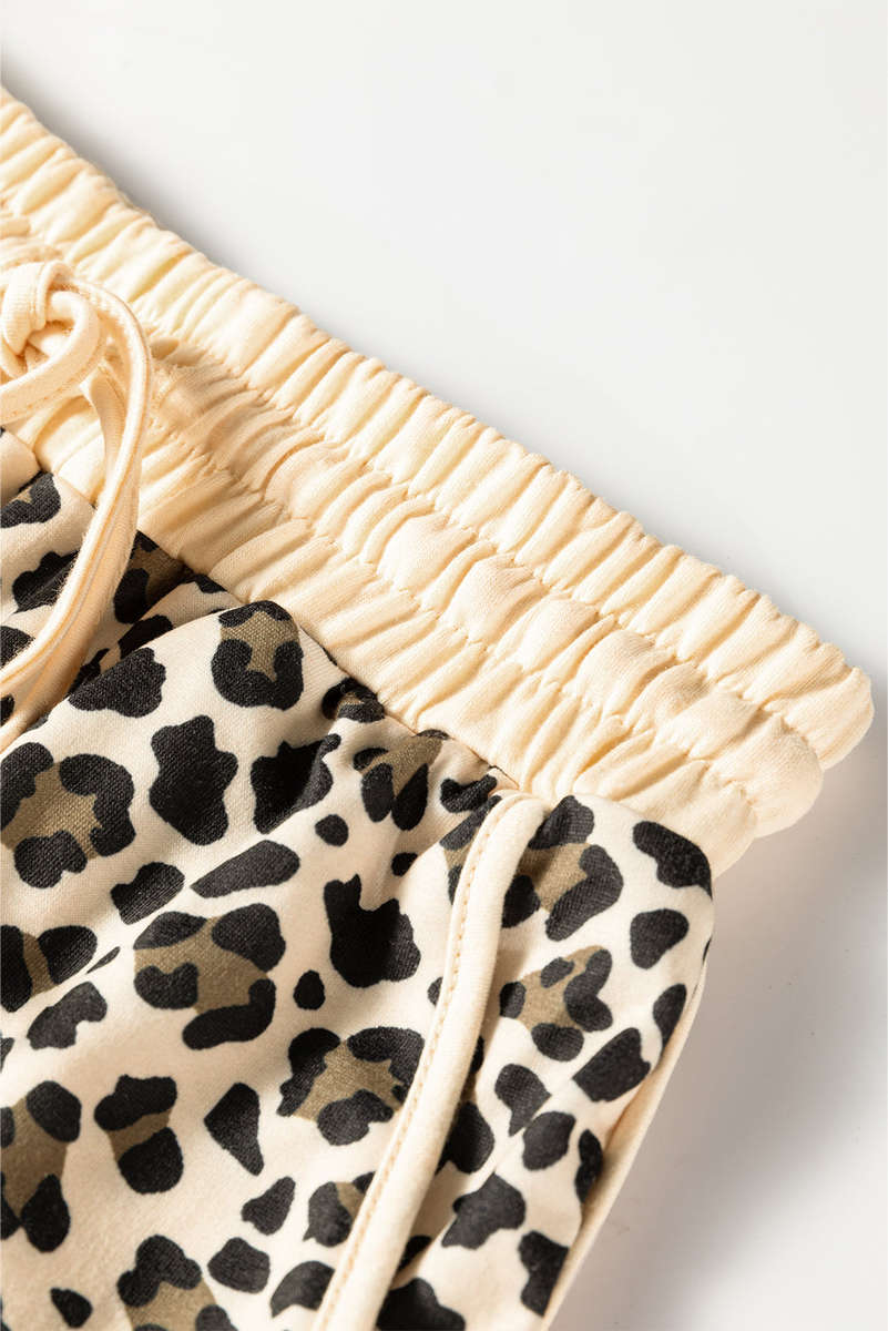 Brown Leopard Print Contrast Trim Long Sleeve Pullover Drawstring Shorts 2pcs Outfit