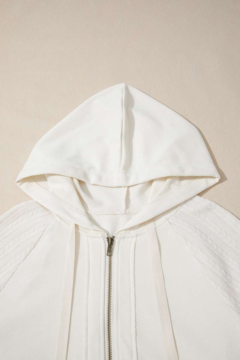 Beige Solid Color Textured Sleeve Patchwork Half Zip Hoodie
