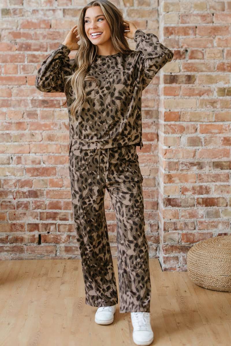 Brown Leopard Print Raw Seam Patchwork Pullover Drawstring Loose Pant Set