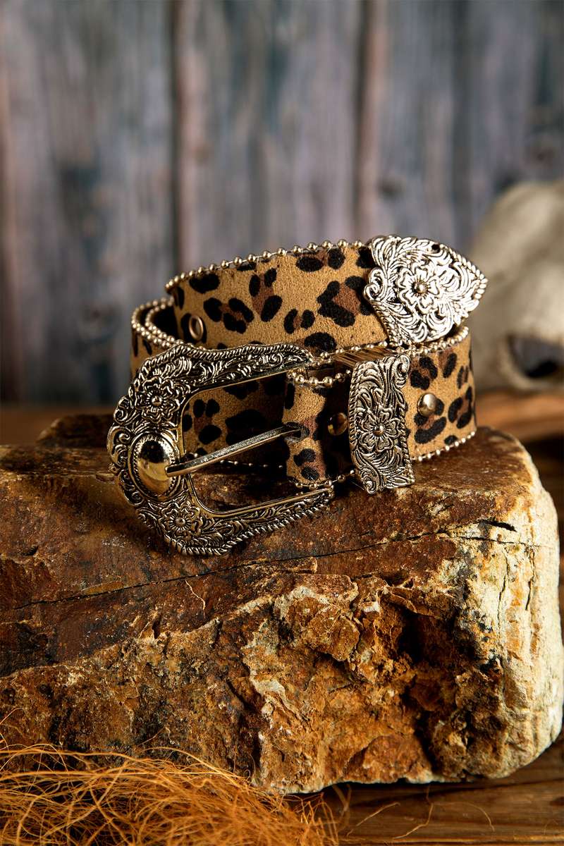 Thai Curry Leopard Beading Trim Retro Embossed Hardware PU Waist Belt