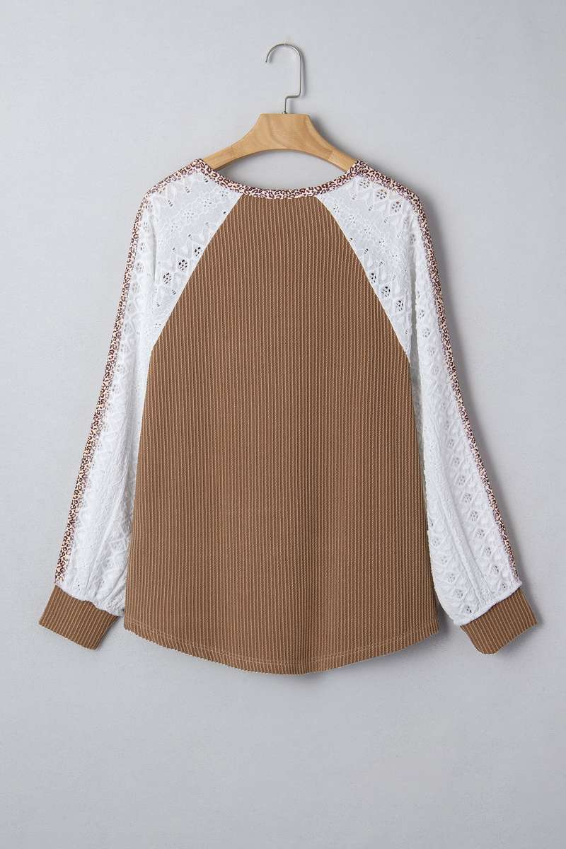 Dark Khaki Twisted Ribbed Leopard Lace Contrast Patchwork Long Sleeve Top
