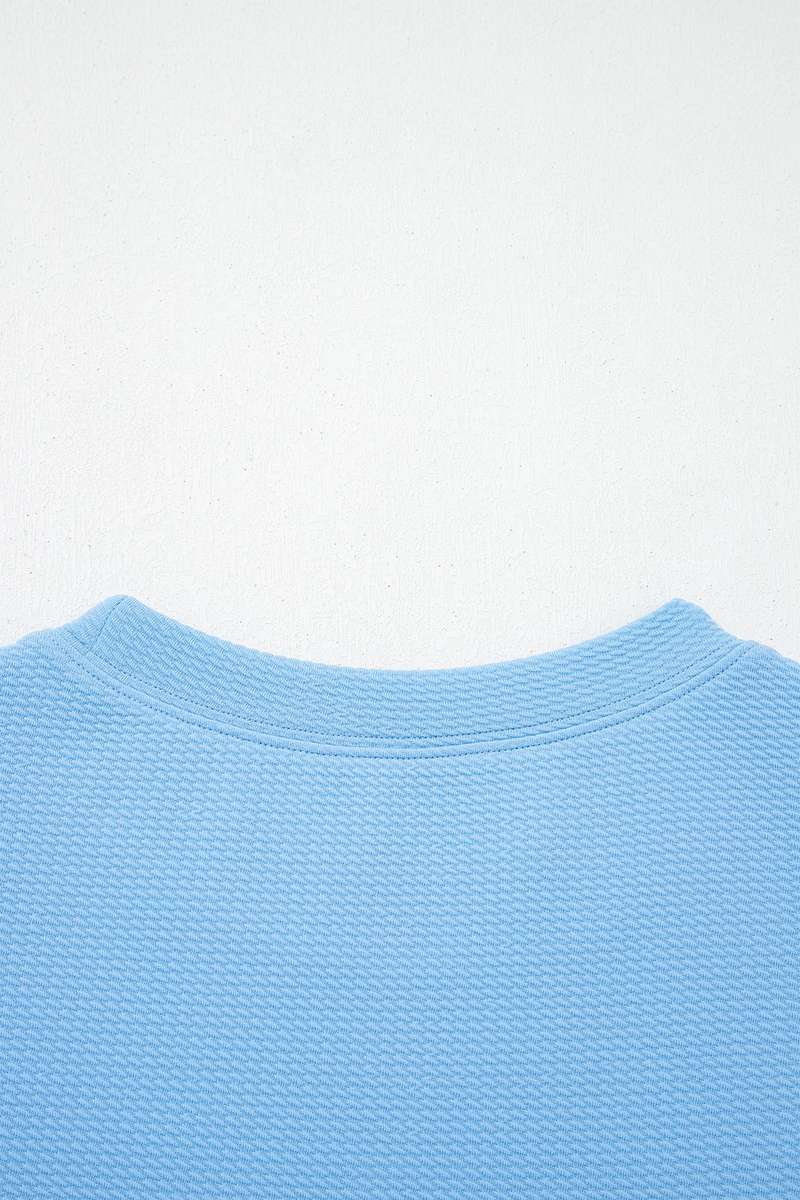 Light Blue Round Neck Textured Contrast Floral Bubble Sleeve Blouse