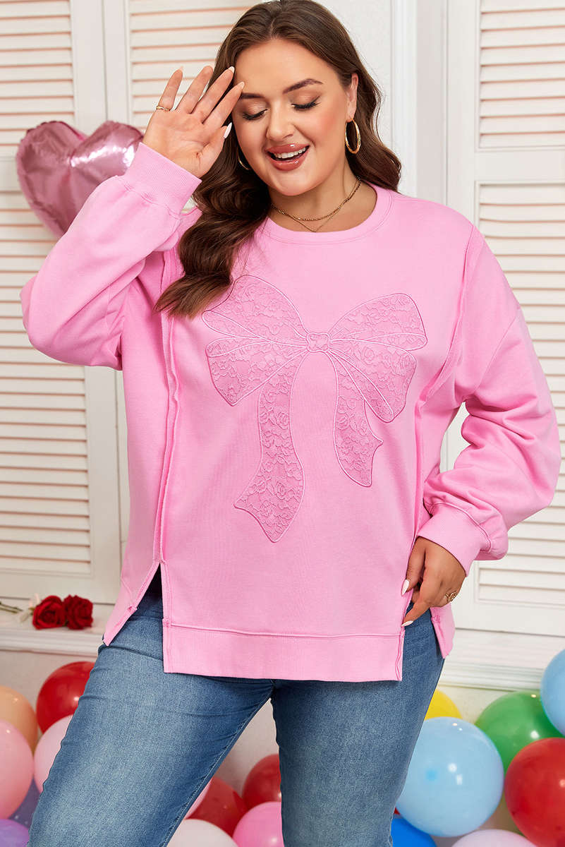 Pink Big Bow Lace Embroidered Dolman Sleeve Slit Plus Size Sweatshirt