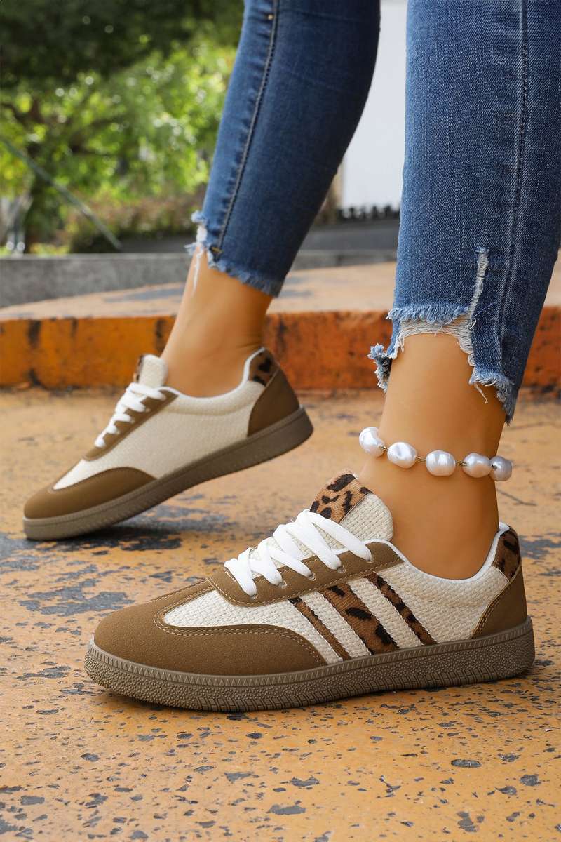Coffee Color Block Leopard Patchwork Lace-up Flat Shoes