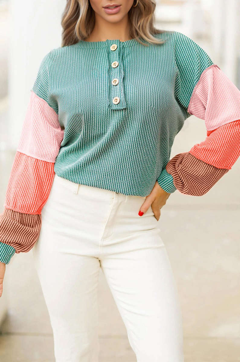 Multicolour Twisted Ribbed Knit Colorblock Henley Top