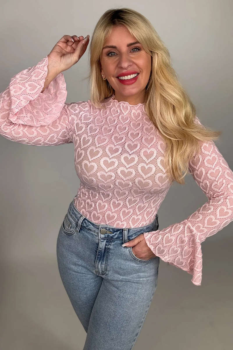 Gossamer Pink Heart Jacquard Flare Sleeve Mock Neck Fitted Top