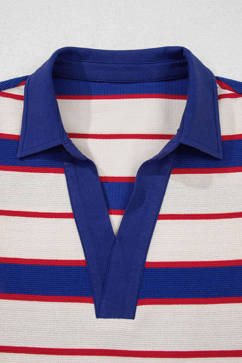 Blue Stripe Color Block Polo Pullover Sweatshirt