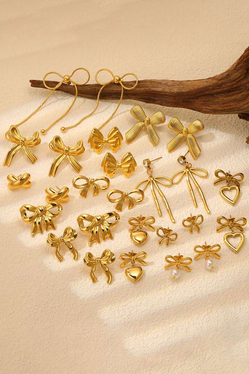 Gold Plated Hollowed Heart Bow Studded Earrings