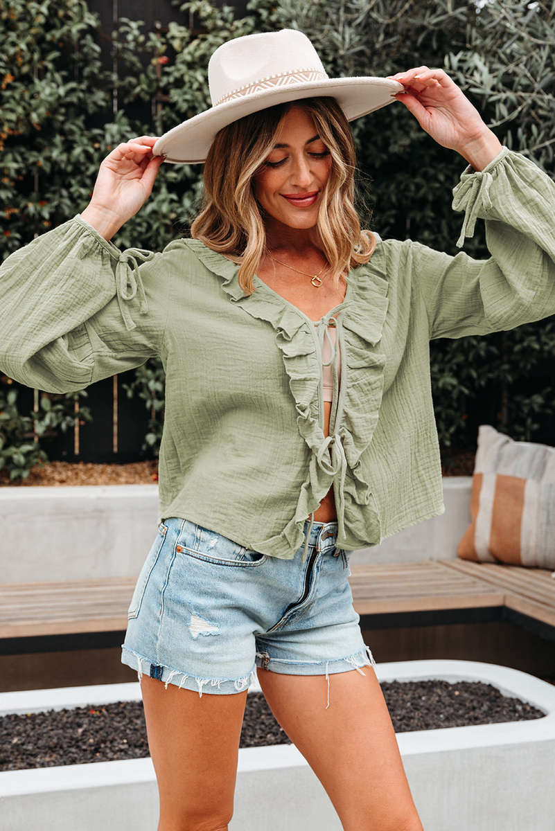 Meadow Mist Green Bow Tie Front Ruffle Trim V Neck Long Sleeve Gauze Blouse