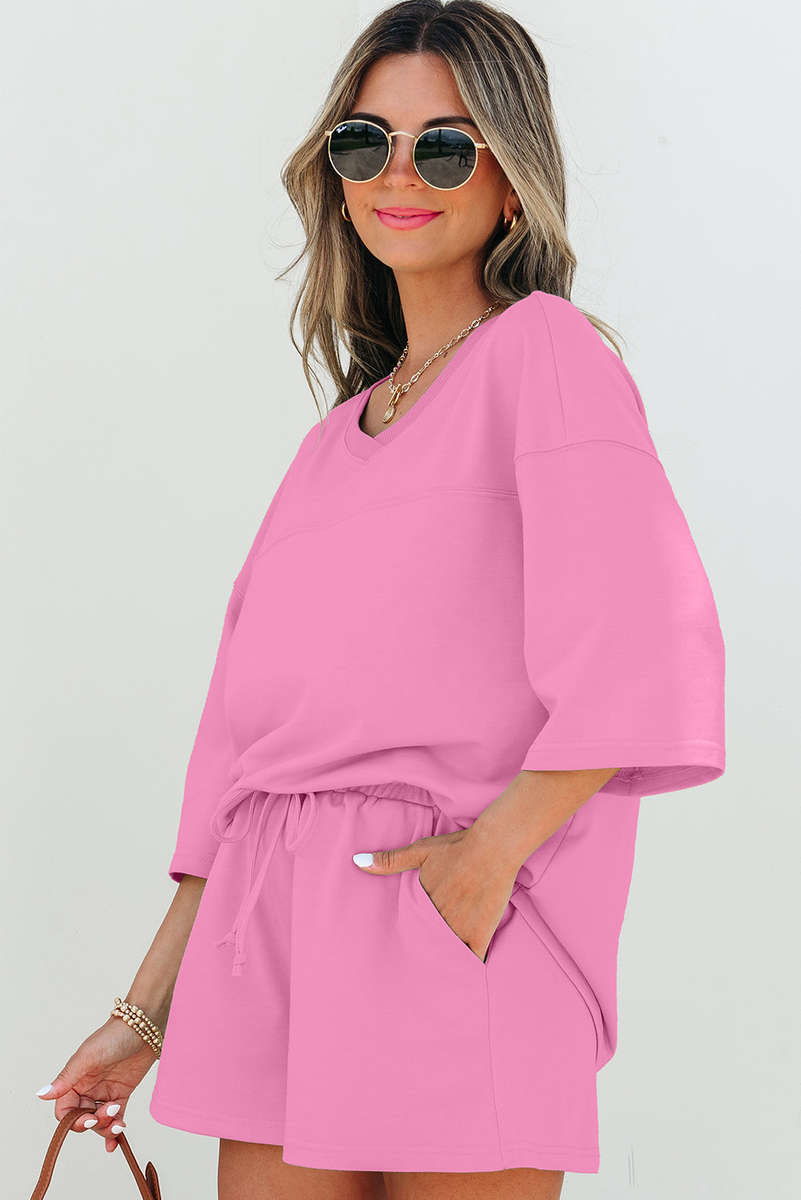 Bonbon Solid Loose V Neck Half Sleeve Tee and Shorts