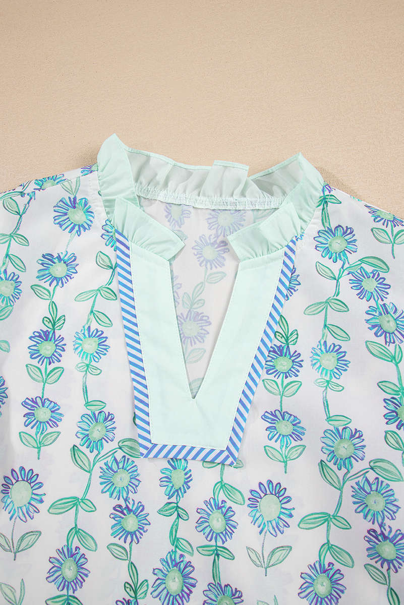 Green Floral Print Striped Detail Contrast V Neck Patchwork Flutter Sleeve Blouse