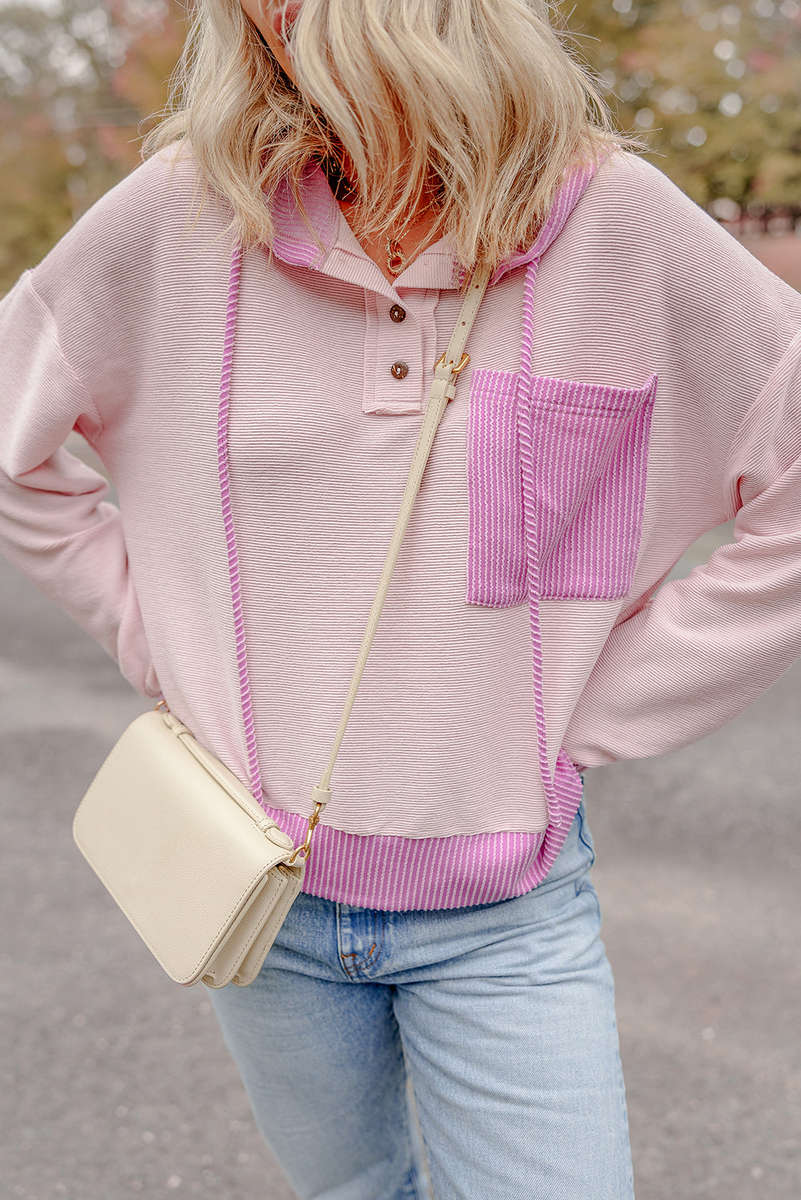 Light Pink Corded Colorblock Patch Pocket Drawstring Hooded Top
