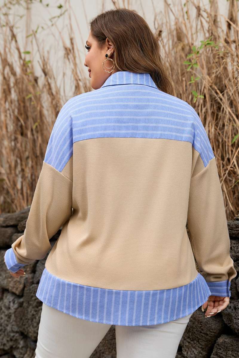 Parchment Plus Size Striped Contrast Trim Waffle Knit Collared Top