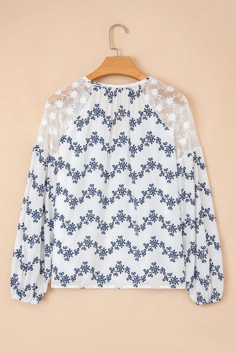 Blue Lace Patchwork Floral Bubble Sleeve V Split Neck Blouse