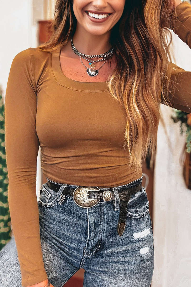 Chestnut Solid Color Long Sleeve Fitted Top