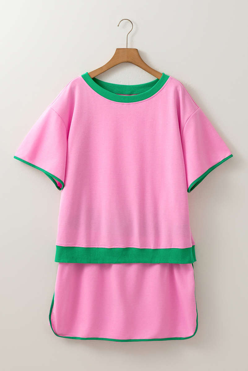 Bonbon Plus Size Contrast Trim T Shirt and Skirt Two Piece Set