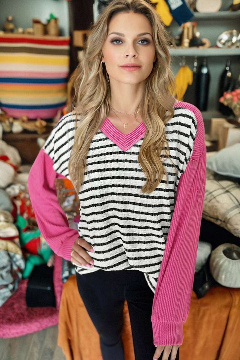 Black Stripe Textured Knit Twisted Rib Contrast Patchwork V Neck Long Sleeve Top