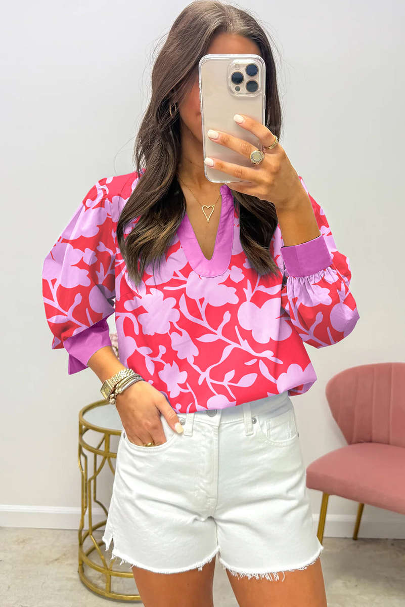 Red Floral Print Split V Neck Cuffed Bracelet Sleeve Blouse