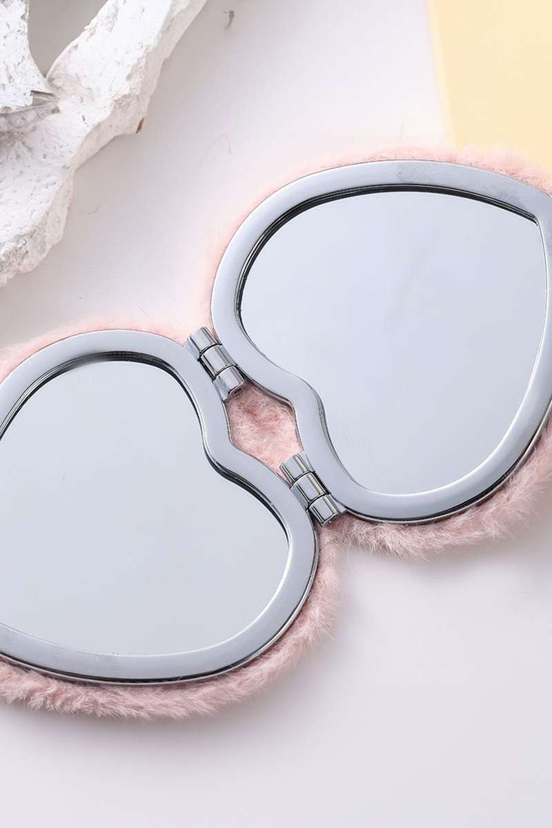 Pink Heart Shape Double Sides Fluffy Cute Mini Cosmetic Mirror