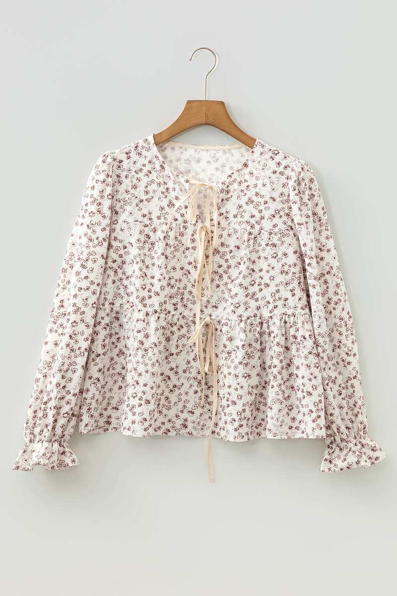 White Bow Tie Front Floral Print Flounce Sleeve Peplum Blouse