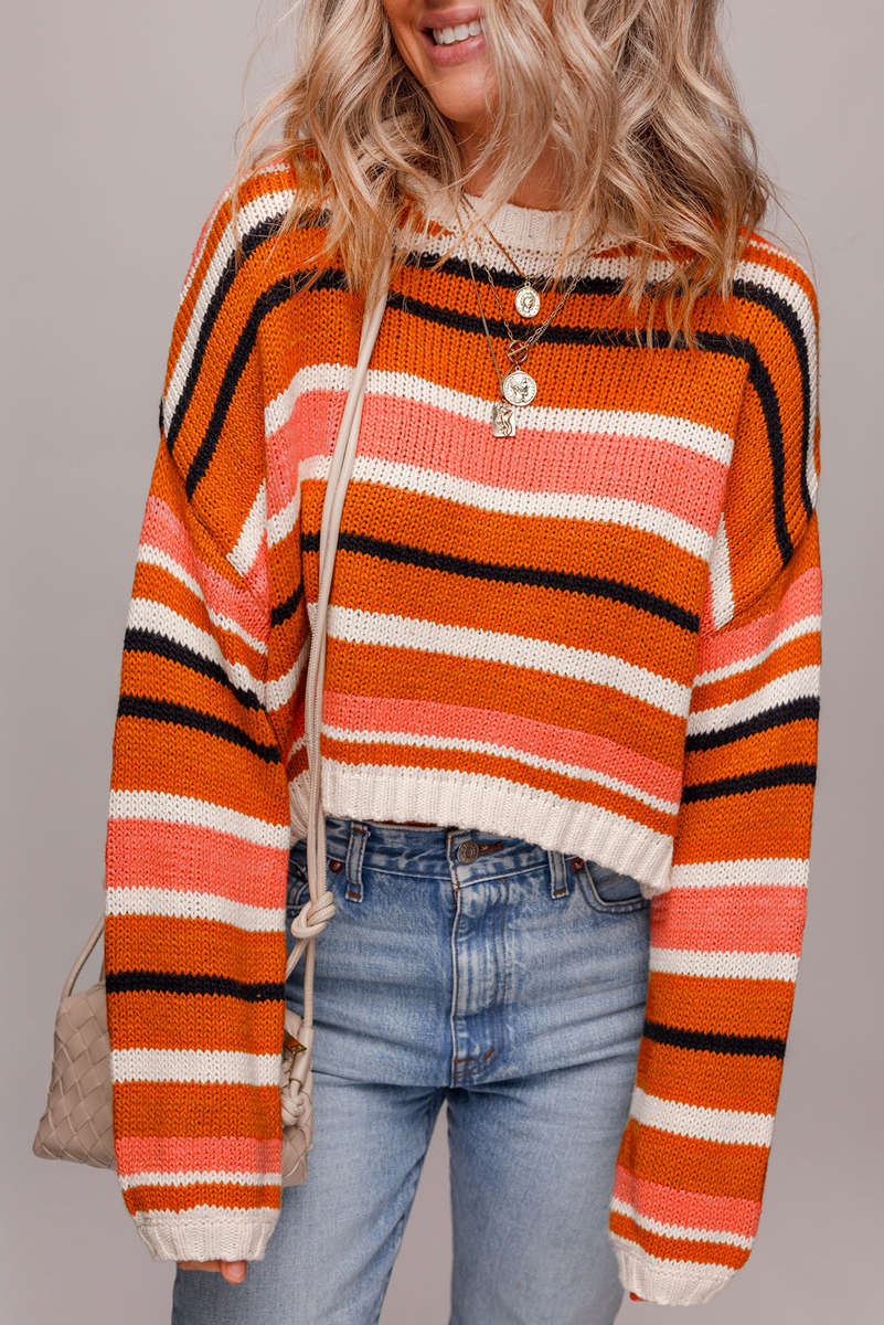 Orange Stripe Drop Shoulder Cropped Pullover Sweater