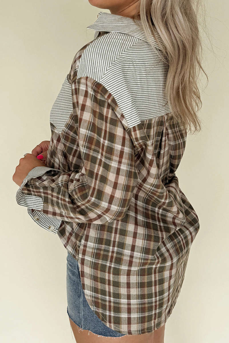 Brown Plaid Print Striped Patchwork Single Chest Pocket Buttoned Shirt